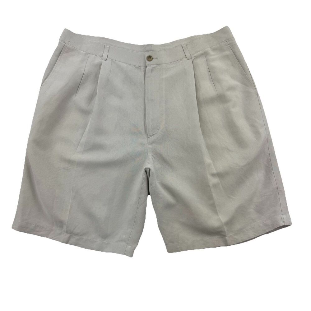 Perry Ellis Portfolio Mens 32 Linen Blend Shorts Beige Pleated Summer Casual